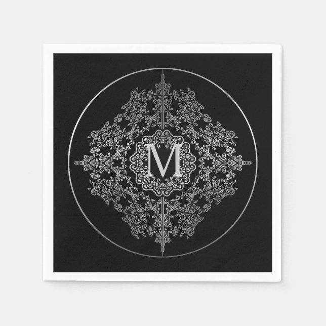 Monogram Black & Silver Filigree Motif Napkins (Front)