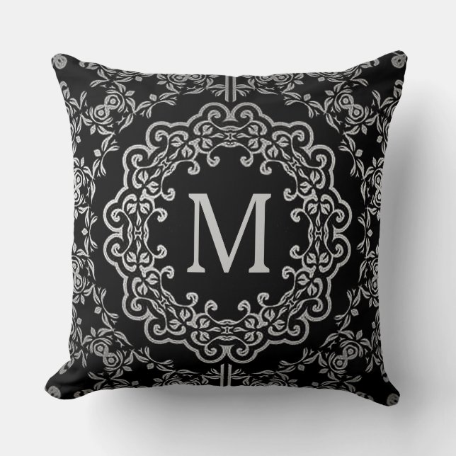 Monogram Black & Silver Filigree Motif Pillow (Front)