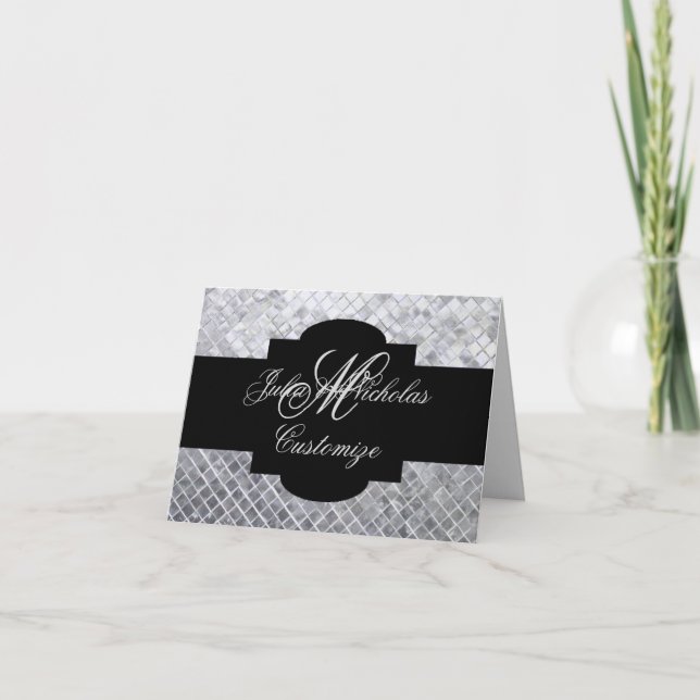 Monogram Black & Silver Mosaic Tiles Note Card (Front)
