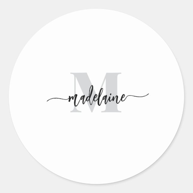 Monogram Black Silver White Personal Classic Round Sticker (Front)