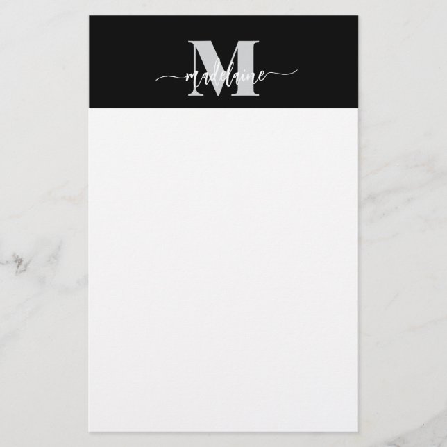 Monogram Black Silver White  Personal Stationery (Front)