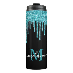 Monogram Black Teal Blue Glitter Drip Thermal Tumbler