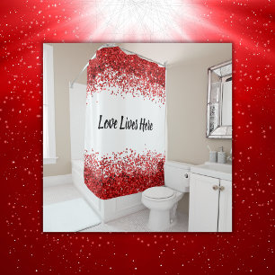 Monogram - Black text on white with red glitter Shower Curtain