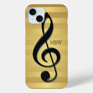 Monogram Black Treble Clef on Golden Stripes iPhone 15 Mini Case
