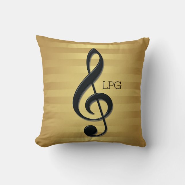Monogram Black Treble Clef on Golden Stripes Cushion (Front)