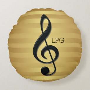 Monogram Black Treble Clef on Golden Stripes Round Cushion