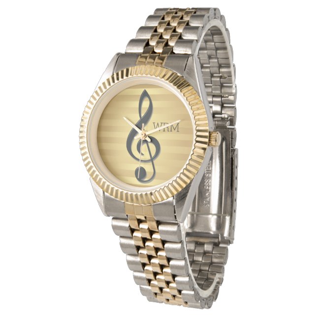 Monogram Black Treble Clef on Golden Stripes Watch (Angled)