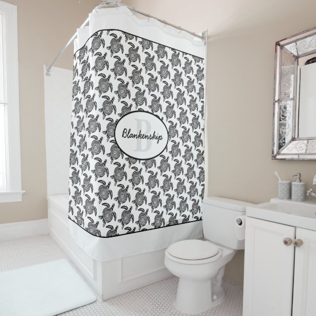 Monogram Black Tribal Turtle Pattern Over White Shower Curtain (In Situ)
