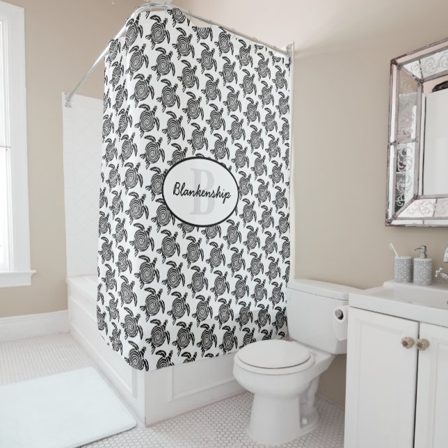 Monogram Black Tribal Turtle Pattern Over White Shower Curtain (In Situ)
