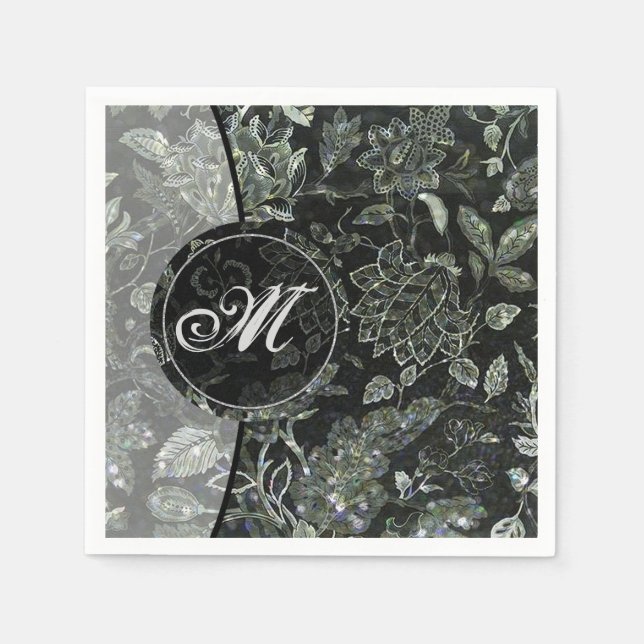 Monogram Black Vintage Floral Napkins 2 (Front)