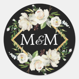 Monogram Black Watercolor White Floral Wedding Classic Round Sticker