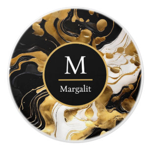 Monogram Black White and Gold Faux Marble Ceramic Knob