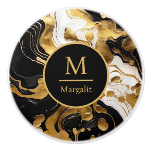 Monogram Black White and Gold Faux Marble  Ceramic Knob