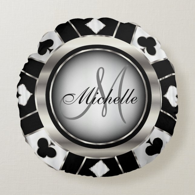Monogram Black, White and Silver Poker Chip Round Cushion (Front)