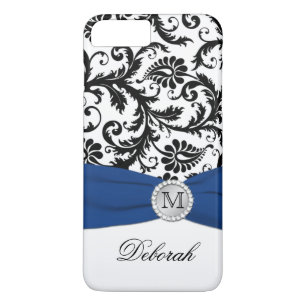 Monogram Black, White, Blue Damask iPhone 7 Case