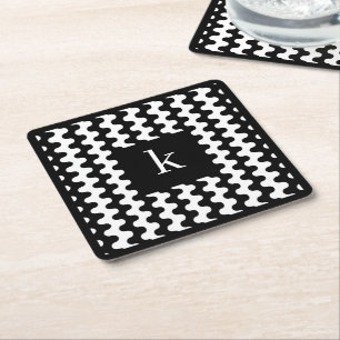 Monogram Black White Bold Wavy Pattern Square Paper Coaster