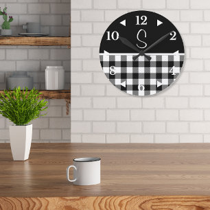 Monogram Black White Buffalo Plaid Farmhouse Lumb Round Clock