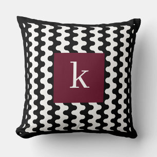 Monogram Black White Burgundy Bold Wavy Pattern Cushion
