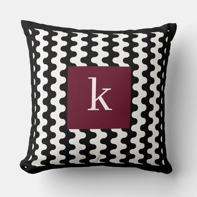 Monogram Black White Burgundy Bold Wavy Pattern Cushion (Creator Uploaded)