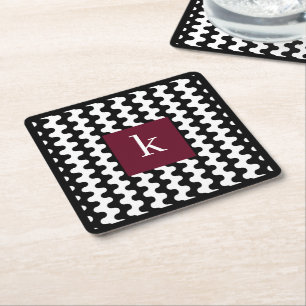 Monogram Black White Burgundy Bold Wavy Pattern Square Paper Coaster
