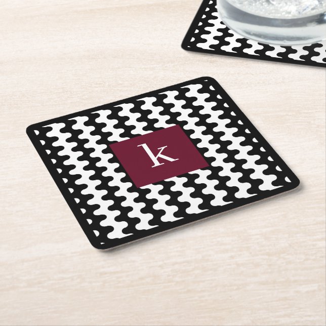 Monogram Black White Burgundy Bold Wavy Pattern Square Paper Coaster (Angled)