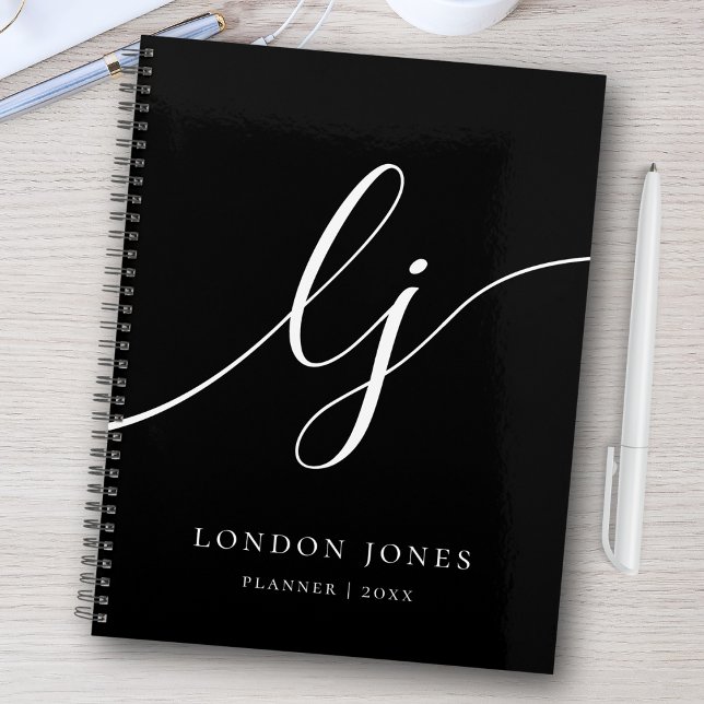Monogram Black White Calligraphy Initials Business Planner (Creator Uploaded)