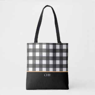 Monogram Black White Checked Plaid Tote Bag