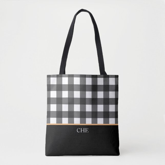 Monogram Black White Checked Plaid Tote Bag (Front)