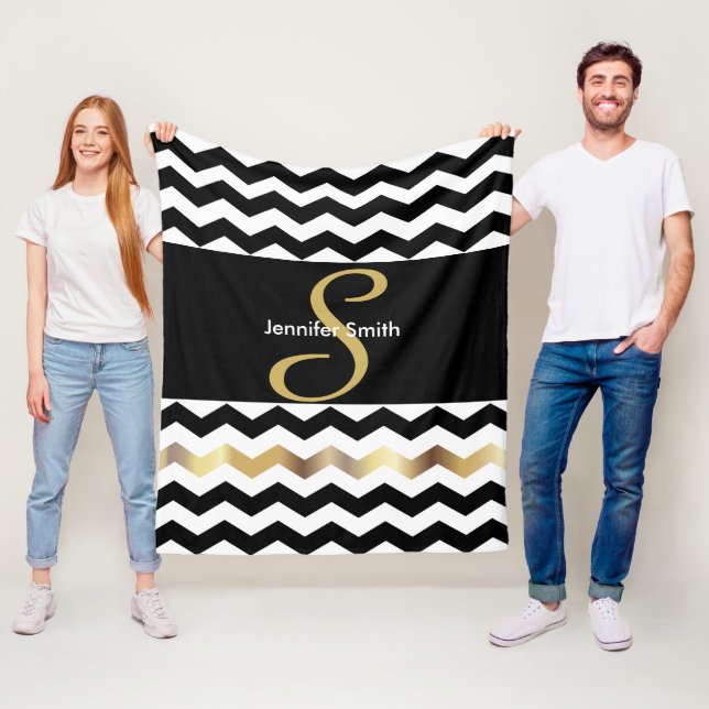 Monogram Black & White Chevron Design Fleece Blanket (In Situ)