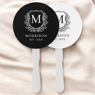 Monogram Black White Crest Botanical Wedding  Hand Fan
