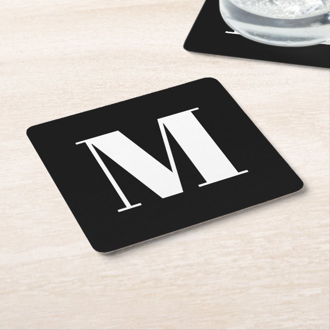 Monogram black white custom initial modern party square paper coaster (Angled)