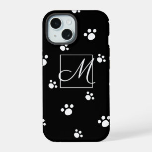 Monogram Black & White Cute Puppy Dog Paw Print iPhone 15 Case