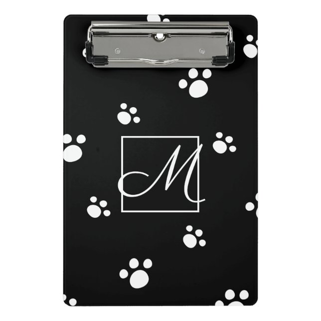 Monogram | Black & White Cute Puppy Dog Paw Print Mini Clipboard (Front)