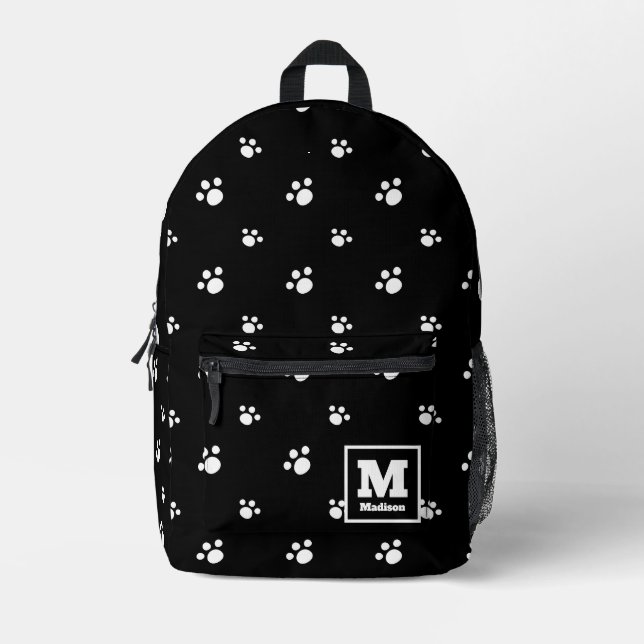 Monogram | Black & White Cute Puppy Dog Paw Print Printed Backpack (Front)
