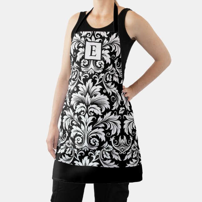 Monogram Black White Damask Apron (Insitu)