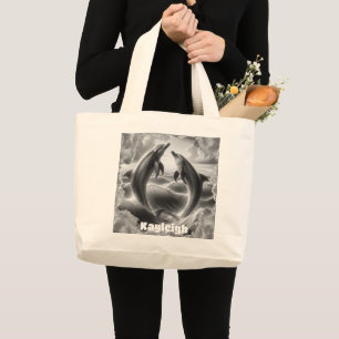 Monogram Black & White Dolphins Ocean   Large Tote Bag