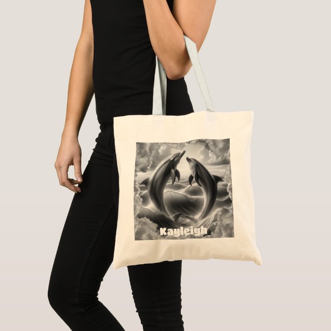 Monogram Black & White Dolphins Ocean | Tote Bag (Front (Product))