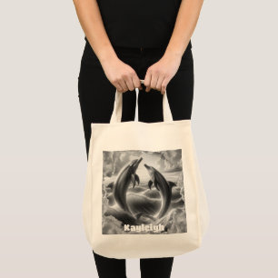 Monogram Black & White Dolphins Ocean   Tote Bag