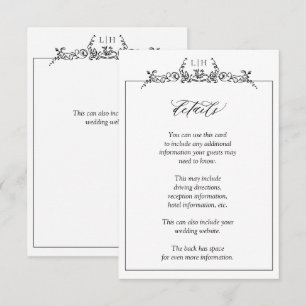 Monogram Black White Floral Border Wedding Details Enclosure Card