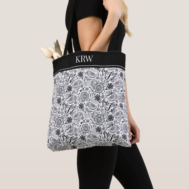 Monogram Black White Floral Pattern Tote Bag (Close Up)