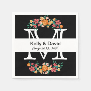 Monogram Black & White Floral Wedding Napkin