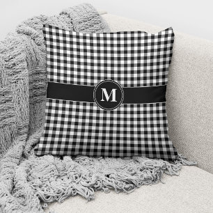 Monogram Black & White Gingham Plaid Check Pattern Cushion