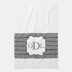 Monogram Black & White Greek Key Kitchen Towel