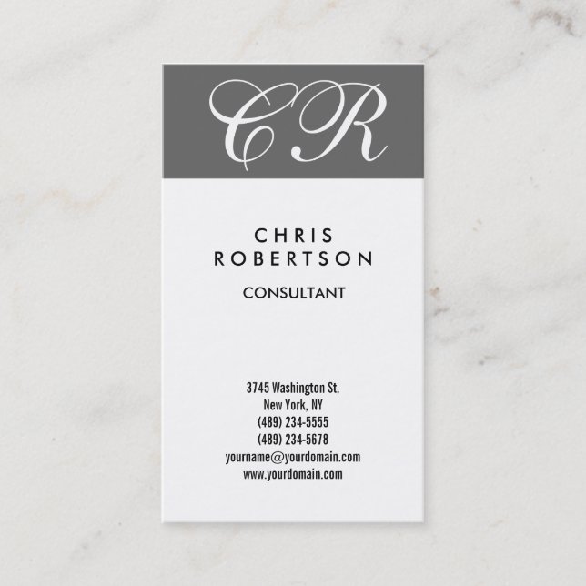 Monogram Black White Grey Stripe Business Card (Front)
