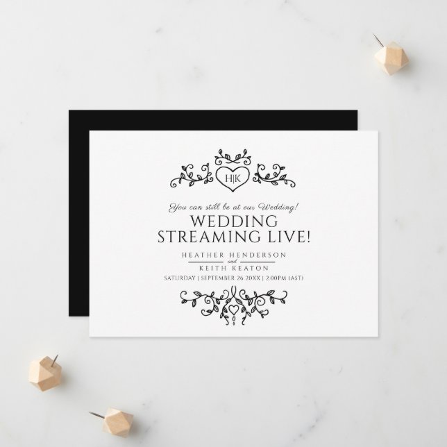 Monogram black white leaves wedding live stream announcement (Front/Back In Situ)