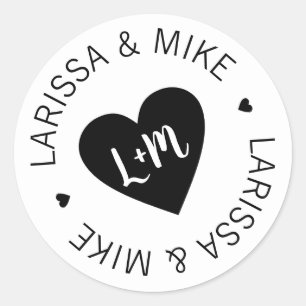 monogram black white love heart . wedding  classic round sticker