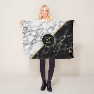 Monogram Black White Marble Fleece Blanket