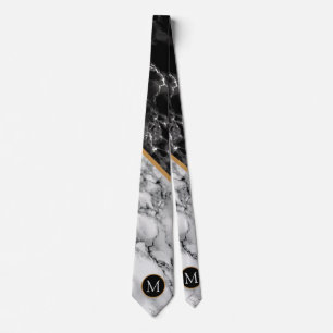 Monogram Black White Marble Modern Neck Tie