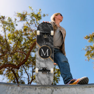 Monogram Black White Marble Modern Skateboard
