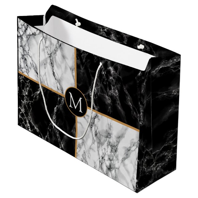 Monogram Black White Marble - Your Letter / Years Large Gift Bag (Front Angled)
